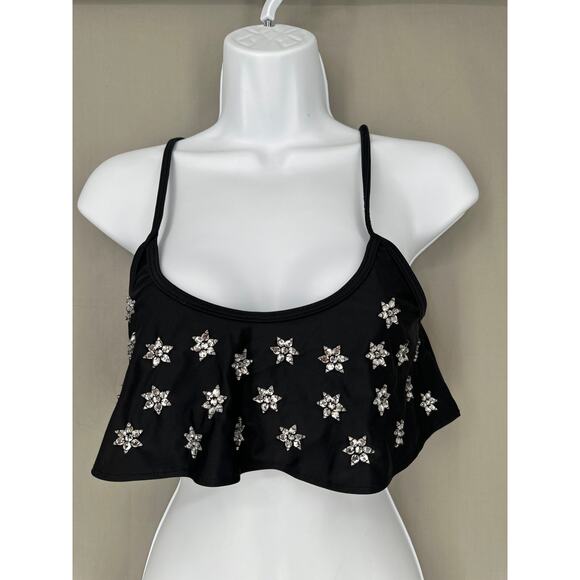 Beach Riot Swim Top Womens Small Black Star Rhinestone Ruffle Beach - Picture 1 of 6